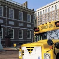 A school bus outside of Independence Hall in Philadelphia, Pennsylvania. (Sylvain Grandadam/Gamma-Rapho via Getty Images)