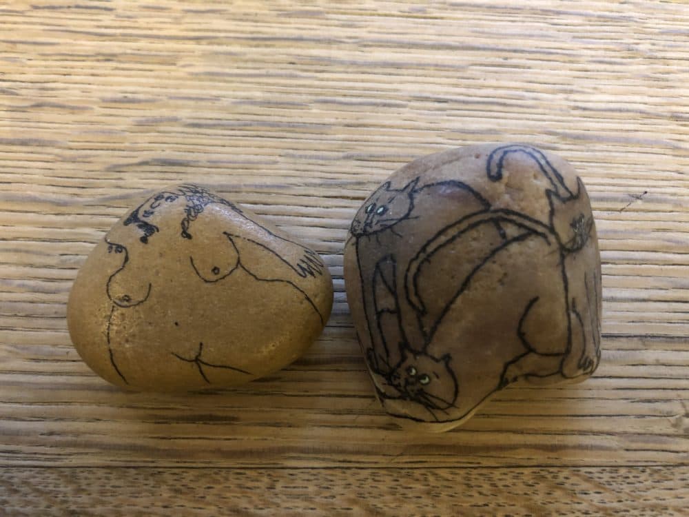 Alice Brock used waterproof ink to draw cats and women on rocks she found along the shore in Provincetown. (Andrea Shea/WBUR)
