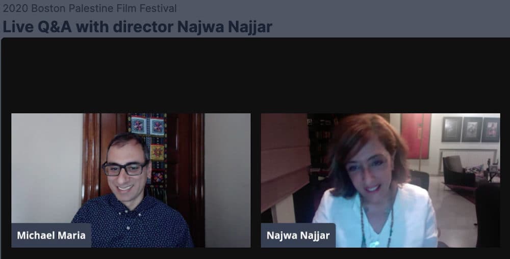 Michael Maria (left) and Najwa Najjar during a Q&A at the 2020 Boston Palestine Film Festival. (Courtesy)