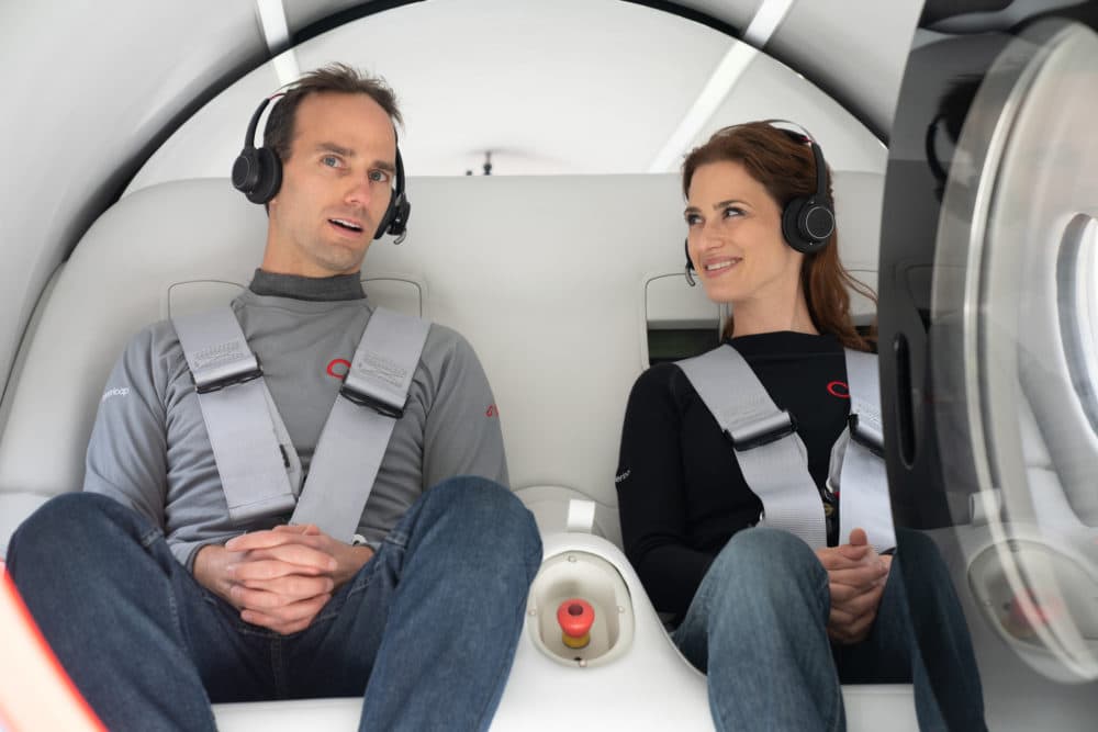 Sara Luchian (right), director of passenger experience at Virgin Hyperloop, was one of the two passengers on the first test ride earlier this month. (Sarah Lawson/Virgin Hyperloop)