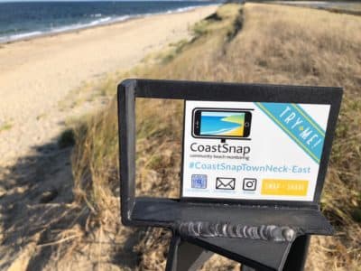 A CoastSnap phone cradle on Town Neck Beach in Sandwich. (Courtesy Stephanie Murphy/Woods Hole Sea Grant)