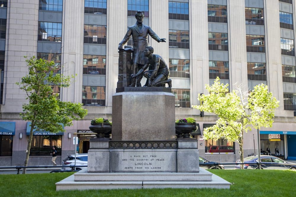 A photograph of the "Emancipation Group" statue in June 2020, before the removal. (Jesse Costa/WBUR)