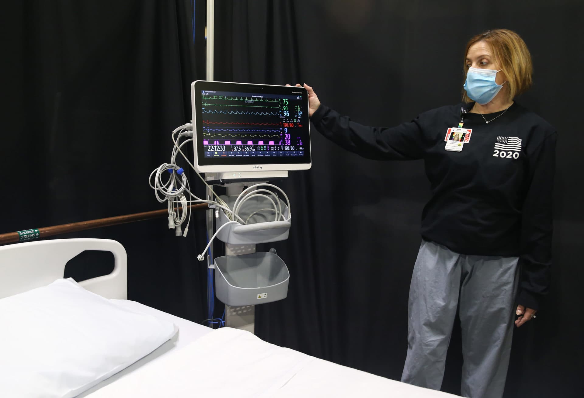 Forget shows off a telemetry unit at the DCU Center. (Nancy Lane/MediaNews Group/Boston Herald)