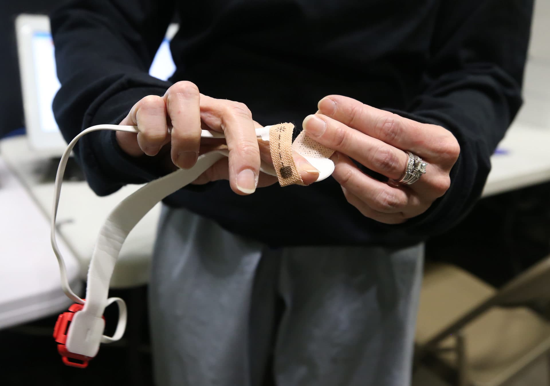 A monitor for patients at the field hospital inside the DCU Center. (Nancy Lane/MediaNews Group/Boston Herald)