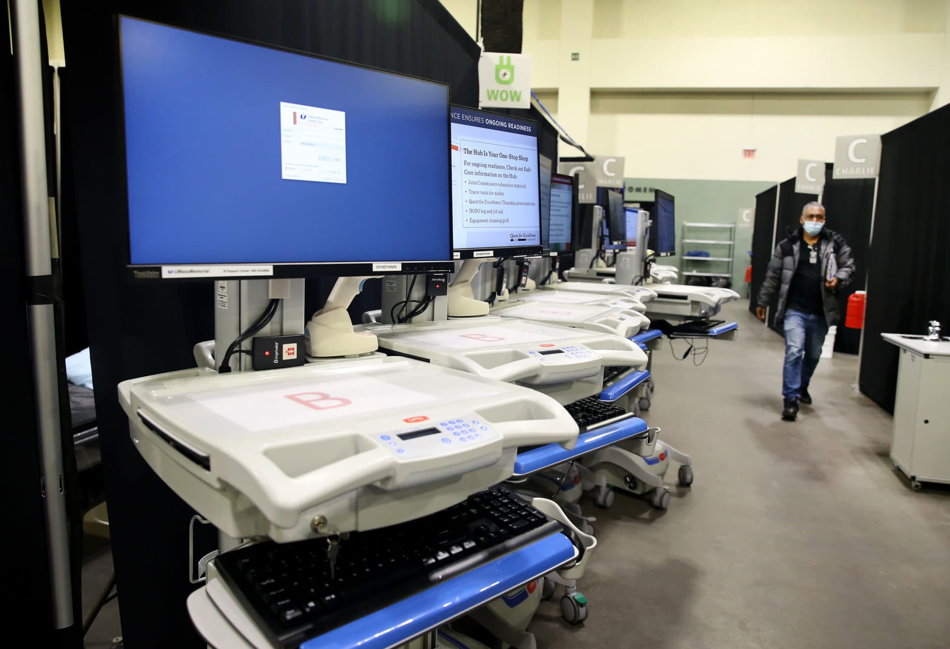 Medical equipment sits at the ready at the DCU Center. (Nancy Lane/MediaNews Group/Boston Herald)