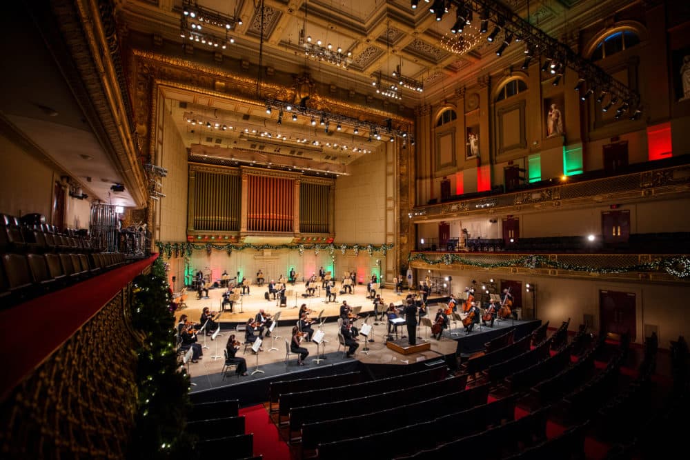 The Boston Pops rehearsing for the 2020 Holiday Celebration. (Courtesy Aram Boghosian)