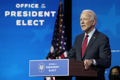 President-elect Joe Biden speaks during an event at The Queen theater in Wilmington, Del., Tuesday, Dec. 8, 2020, to announce his health care team. Vice President-elect Kamala Harris listens at right. (Susan Walsh/AP)