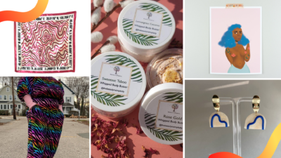 Clockwise from top left: Scarf by Erica Imosi; body butter from Beauty N Simplicity; an art print by Cotton Candy Fro; earrings by Stonefruit Jewelry; jogger set by Villada Michelle. (Courtesy)