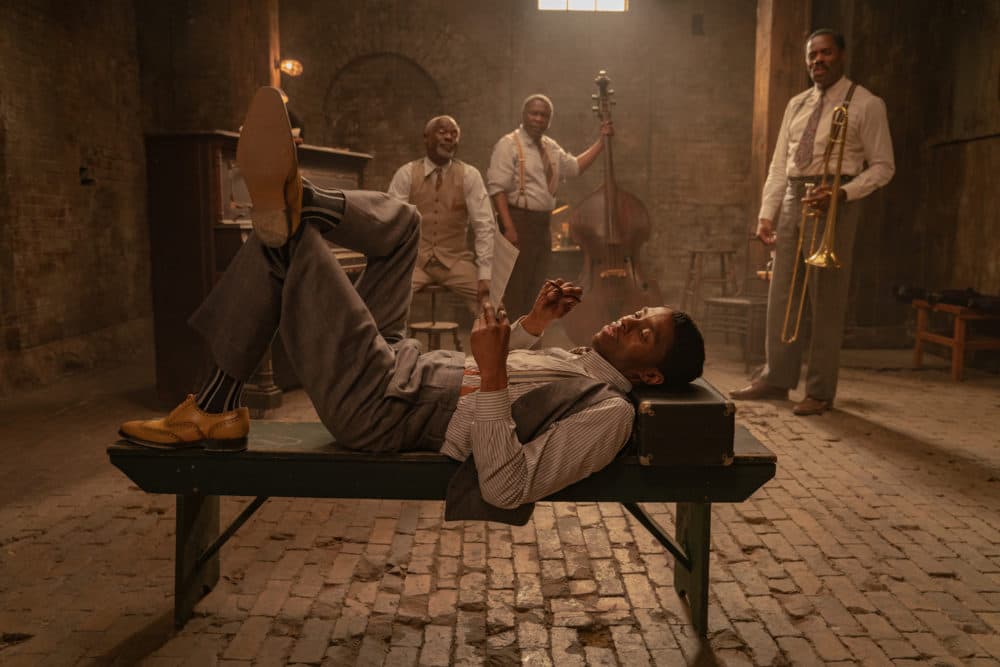 Chadwick Boseman as Levee (forefront), Glynn Turman as Toldeo, Michael Potts as Slow Drag and Colman Domingo as Cutler. (Courtesy David Lee/Netflix)