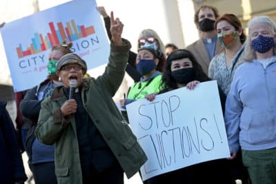 Rev. June Cooper speaks during a rally to prevent Massachusetts evictions in front of Boston Housing Court on Oct. 15, 2020 in Boston, Massachusetts. (Matt Stone/ MediaNews Group/Boston Herald)