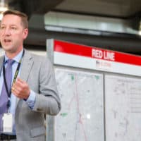 Steve Poftak, General Manager of the MBTA, holds a press conference in the lobby of the Ashmont Red Line station in Boston's Dorchester on June 22, 2020. (Blake Nissen for The Boston Globe via Getty Images)