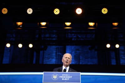 U.S. President-elect Joe Biden speaks about the Electoral College vote certification process at The Queen theater on December 14, 2020 in Wilmington, Delaware. (Drew Angerer/Getty Images)