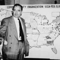 American politician Joseph McCarthy, Republican senator from Wisconsin, testifies against the US Army during the Army-McCarthy hearings, Washington, DC, June 9, 1954. McCarthy stands before a map which charts Communist activity in the United States. (Getty Images)