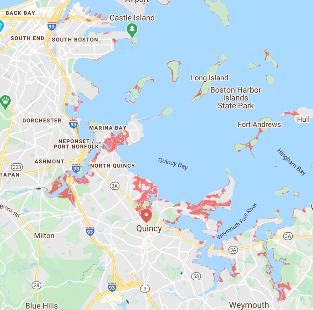 A flood risk projection for 2050 shows some densely populated areas that could be flooded in a storm. (Courtesy of Climate Central)