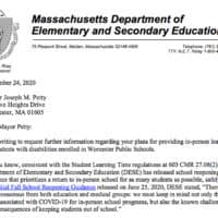 Screenshot of a portion of the letter sent to Worcester Public Schools. 