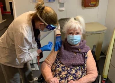 World War II veteran Margaret Klessens, 96, was vaccinated for COVID-19 Monday at the Edith Nourse Rogers Memorial Veterans Hospital at the VA in Bedford. (Courtesy VA Bedford Healthcare System)