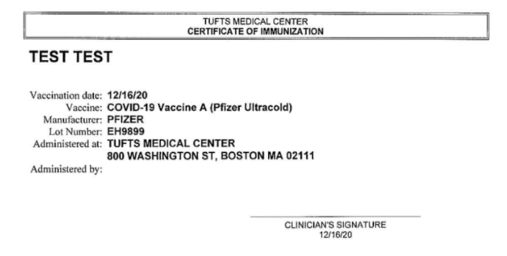 Screenshot of Tufts vaccine certificate of immunization paperwork. (Courtesy)