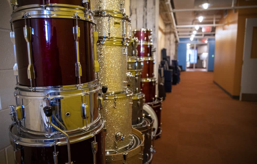 Drum kits in a hallway, for use in The Record Co. studios. (Robin Lubbock/WBUR)