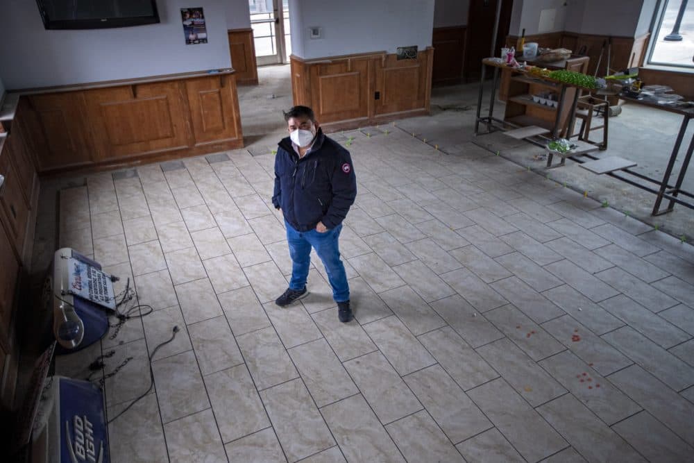 Restaurant owner Elmer Melendez stands inside the future home of Tacos Tequila Mexican Cocina, a Mexican restaurant he hopes to open on Main Street in Fitchburg before Cinco De Mayo. (Jesse Costa/WBUR)