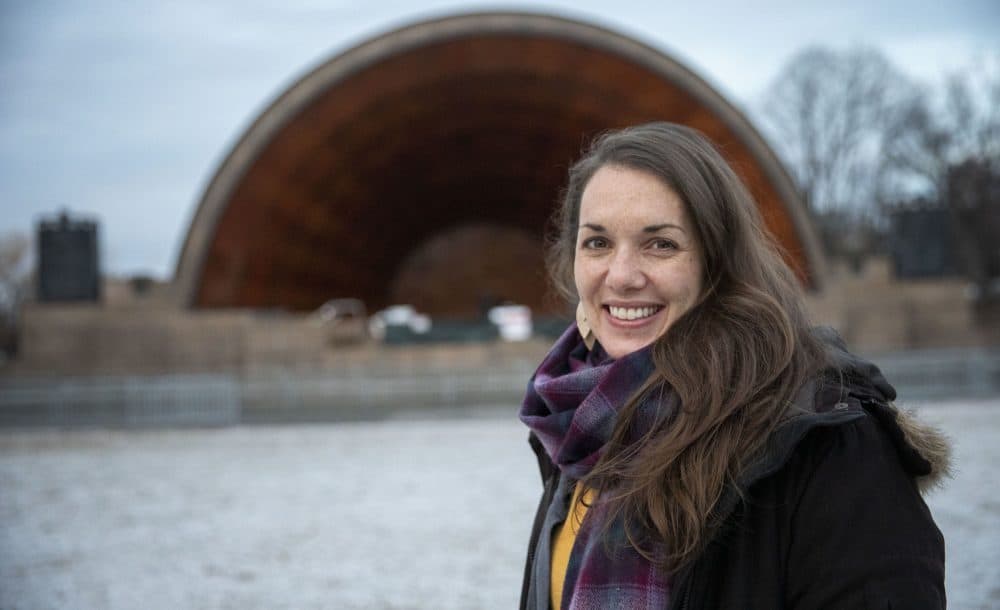 Artist Maria Finkelmeier at the Hatch Shell. (Robin Lubbock/WBUR)
