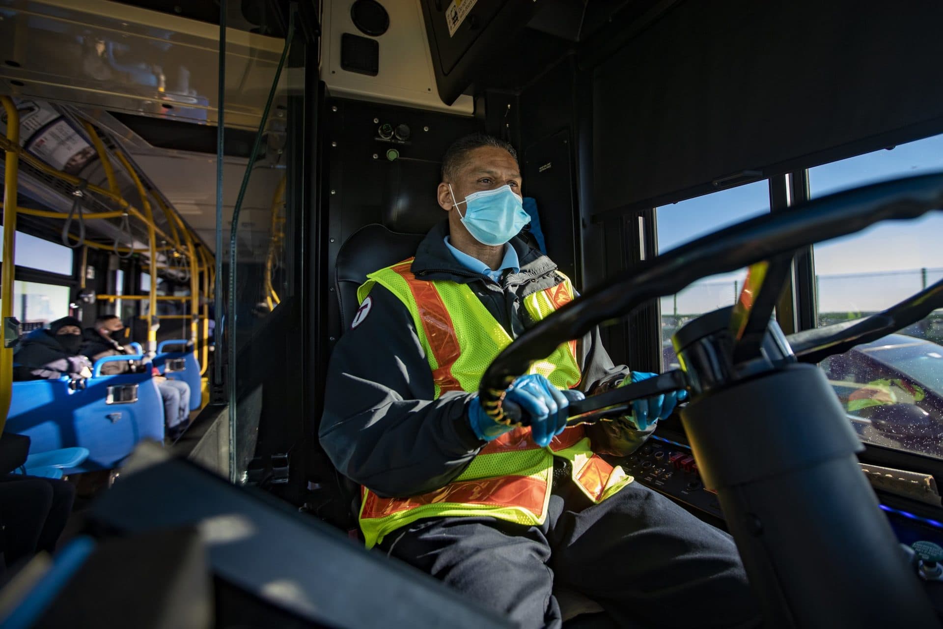 MBTA bus driver Joao Goncalves transports passengers from Chelsea over the Tobin Bridge en route to Haymarket. (Jesse Costa/WBUR)