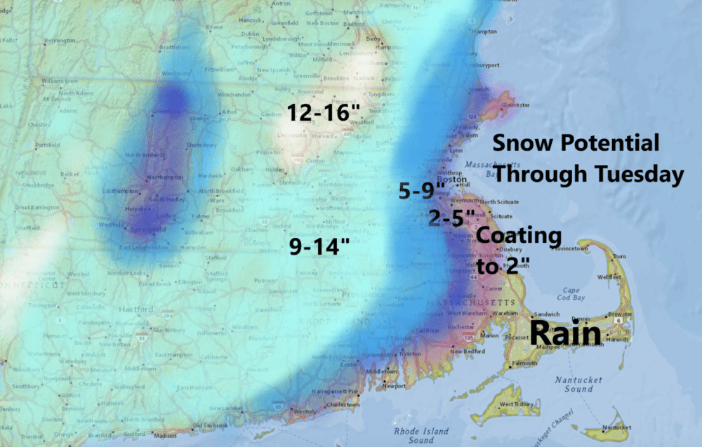 delar av Greater Boston kunde se så lite som 2 inches eller så mycket som 9 inches med kallare luft strax väster om staden. (Dave Epstein för WBUR) 