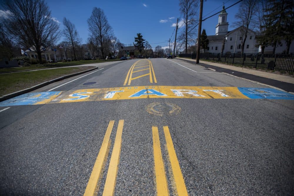 The deserted Boston Marathon starting line in Hopkinton on Patriots' Day in 2020. (Jesse Costa/WBUR)