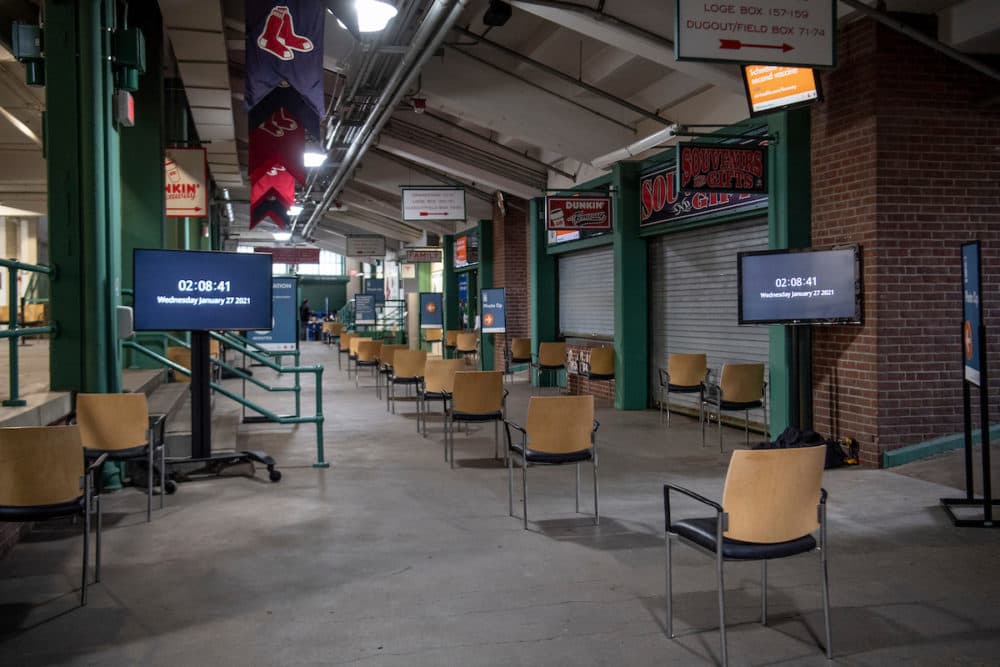 The concourse undergoes preparations to serve as a COVID-19 vaccination site at Fenway Park in Boston, Mass. on January 27, 2021. (Maddie Malhotra/ Boston Red Sox)