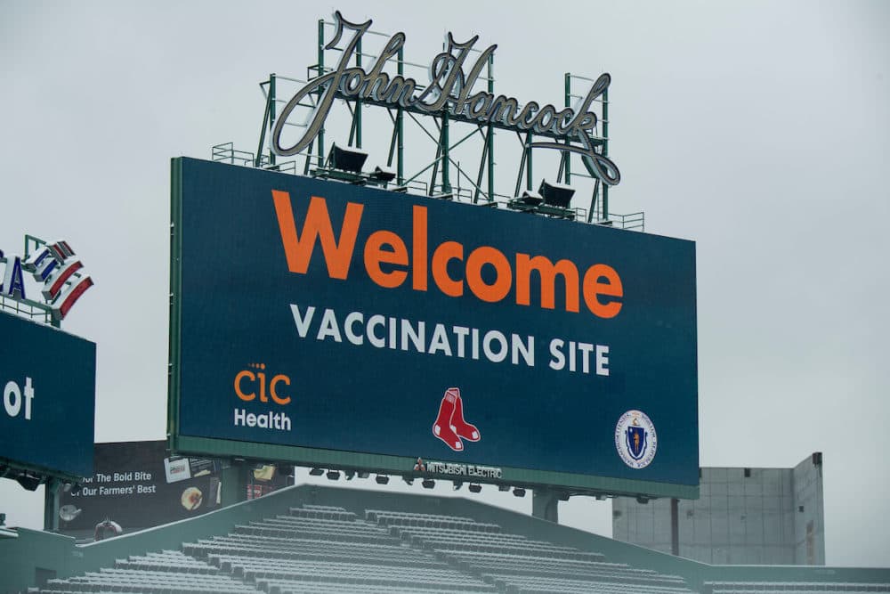 January 27, 2021, Boston, MA:
The scoreboard displays signage as the ballpark is prepped to become a COVID-19 Coronavirus public vaccination site at Fenway Park in Boston, Massachusetts Wednesday, January 27, 2021.
(Photo by Billie Weiss/Boston Red Sox)