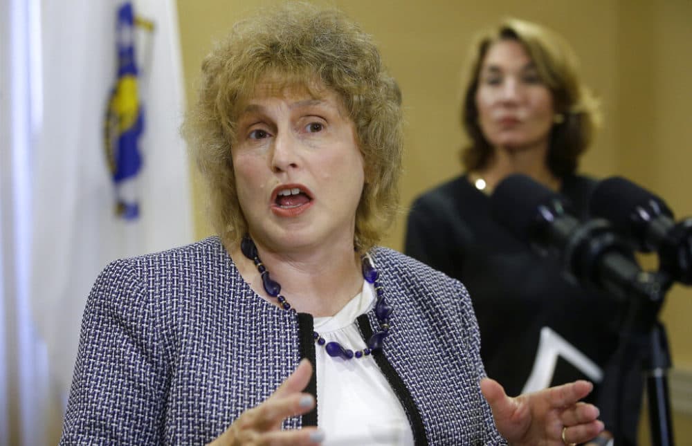 Massachusetts Transportation Secretary Stephanie Pollack, left, during a news conference, July 5, 2019, at the State House. (Steven Senne/AP)