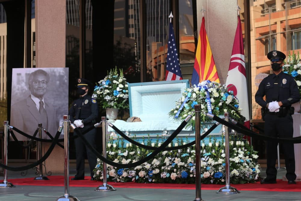Calvin C. Goode is laid at state in front of Calvin C. Goode Municipal Building in Phoenix on Saturday, Jan. 9, 2021. (Cheyanne Mumphrey/AP)