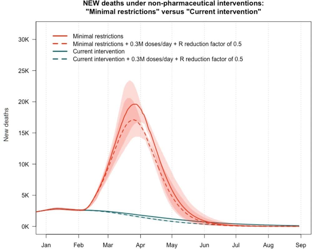 Epidemiologists from Massachusetts General Hospital, Boston University and Georgia Tech modeled the effect vaccines will have on COVID-19 deaths in different scenarios. The model suggests that vaccines won't have an appreciable effect for months. (Courtesy Dr. Ben Linas)