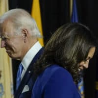 Joe Biden and Kamala Harris deliver remarks at the Alexis Dupont High School on August 12, 2020 in Wilmington, Delaware. (Drew Angerer/Getty Images)