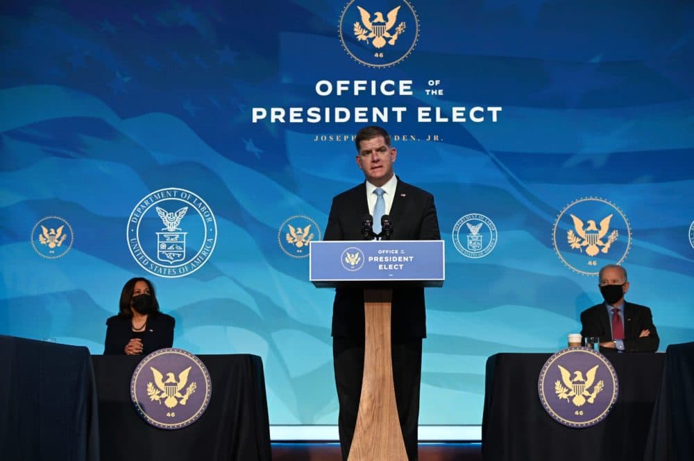 Boston Mayor Marty Walsh, nominee for Secretary of Labor, speaks after being nominated by President-elect Joe Biden at The Queen theater Jan. 8, 2021, in Wilmington, Delaware. (Jim Watson/AFP via Getty Images)