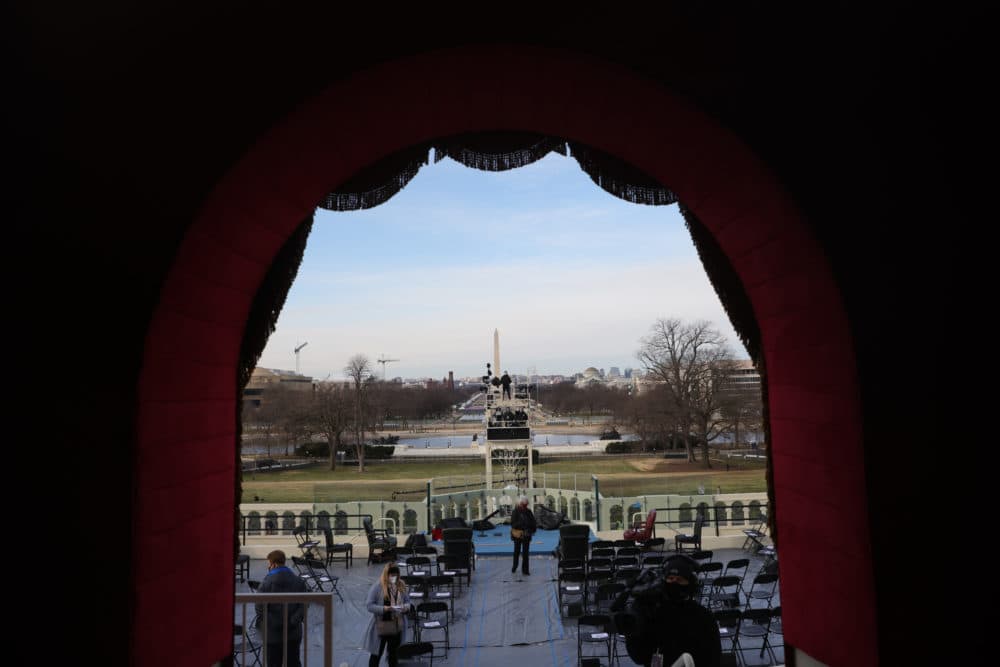 A view from the lower west terrace door as preparations are made for a dress rehearsal for the 59th inaugural ceremony for President-elect Joe Biden and Vice President-elect Kamala Harris at the U.S. Capitol on January 18, 2021 in Washington, DC. Biden will be sworn-in as the 46th president on January 20th. (Win McNamee/Getty Images)