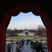 A view from the lower west terrace door as preparations are made for a dress rehearsal for the 59th inaugural ceremony for President-elect Joe Biden and Vice President-elect Kamala Harris at the U.S. Capitol on January 18, 2021 in Washington, DC. Biden will be sworn-in as the 46th president on January 20th. (Win McNamee/Getty Images)
