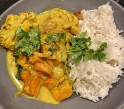 Roasted Cauliflower, Carrot And Sweet Potato In Spiced Coconut Milk (Kathy Gunst)