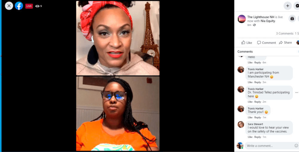 Marie-Elizabeth Ramas and Nia Smart of The Lighthouse NH talk about the COVID-19 vaccine on Facebook live. (Screenshot via Facebook/NHPR)