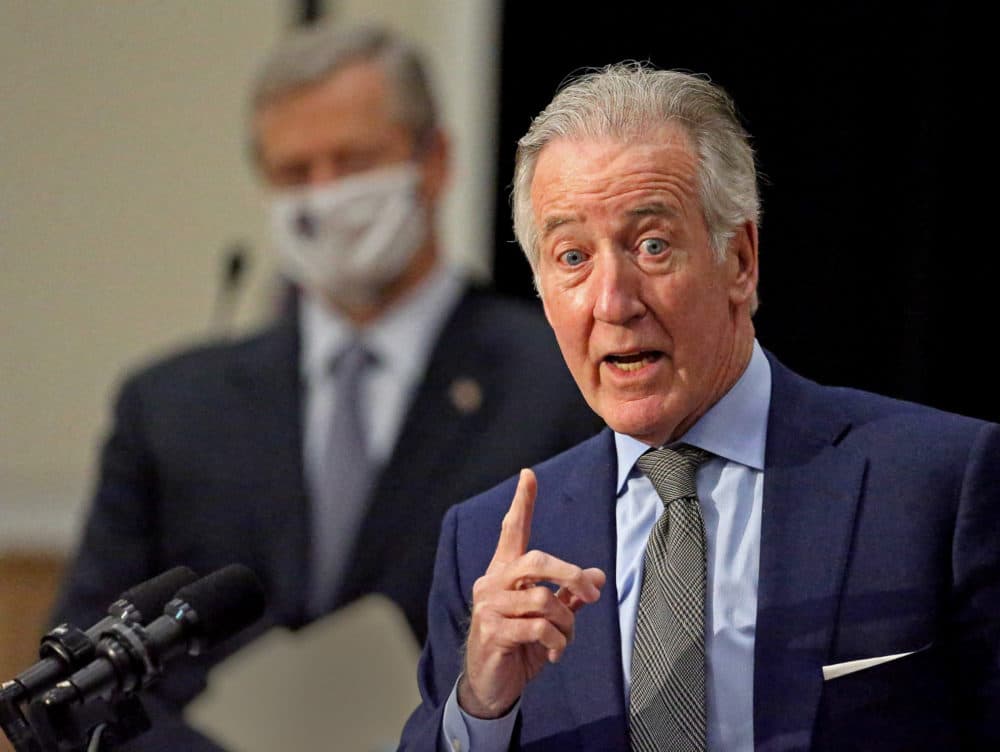 U.S. House Ways and Means Committee Chairman Richard Neal speaks at a press conference with Gov. Charlie Baker on Feb. 8. (Matt Stone/ Boston Herald, via pool)