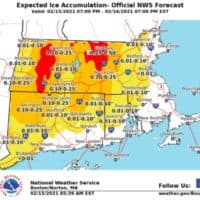 The most significant freezing rain forecast is west of Route 495. (Courtesy NOAA)