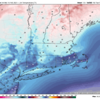 Highs Tuesday will be mild well south of Boston and chilly to the north. (Courtesy WeatherBell)
