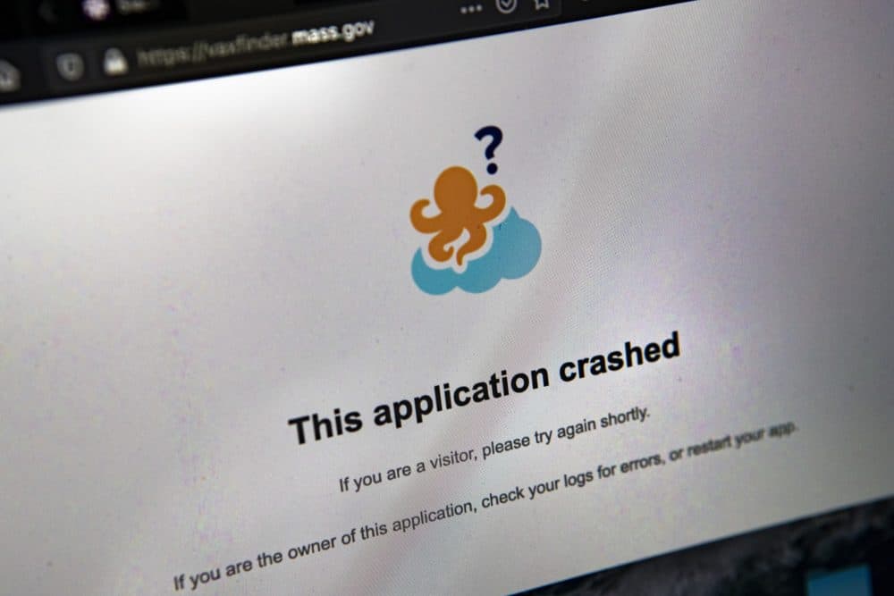 Massachusetts' vaccine appointment site crashed Thursday morning, just as many became eligible to register for appointments. (Jesse Costa/WBUR)