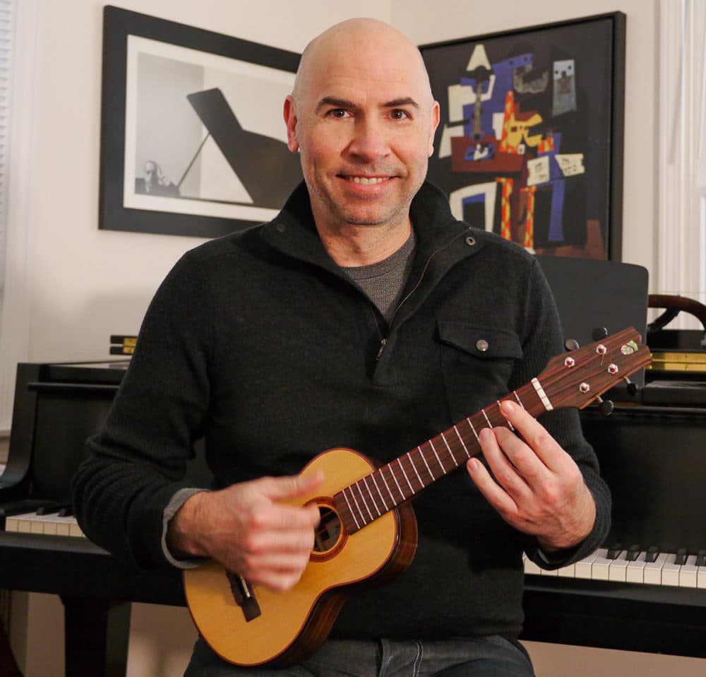 Eric Shimelonis playing a concert ukulele, made for Circle Round by Brad Simon at Undermountain Guitars. (photo by Rebecca Sheir)