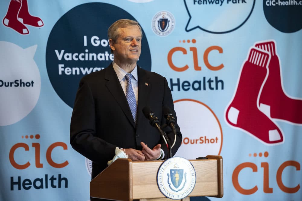 Gov. Charlie Baker speaks during a press conference about the coronavirus vaccine on Feb. 3, 2021 at Fenway Park(Billie Weiss/Boston Red Sox via Getty Images)