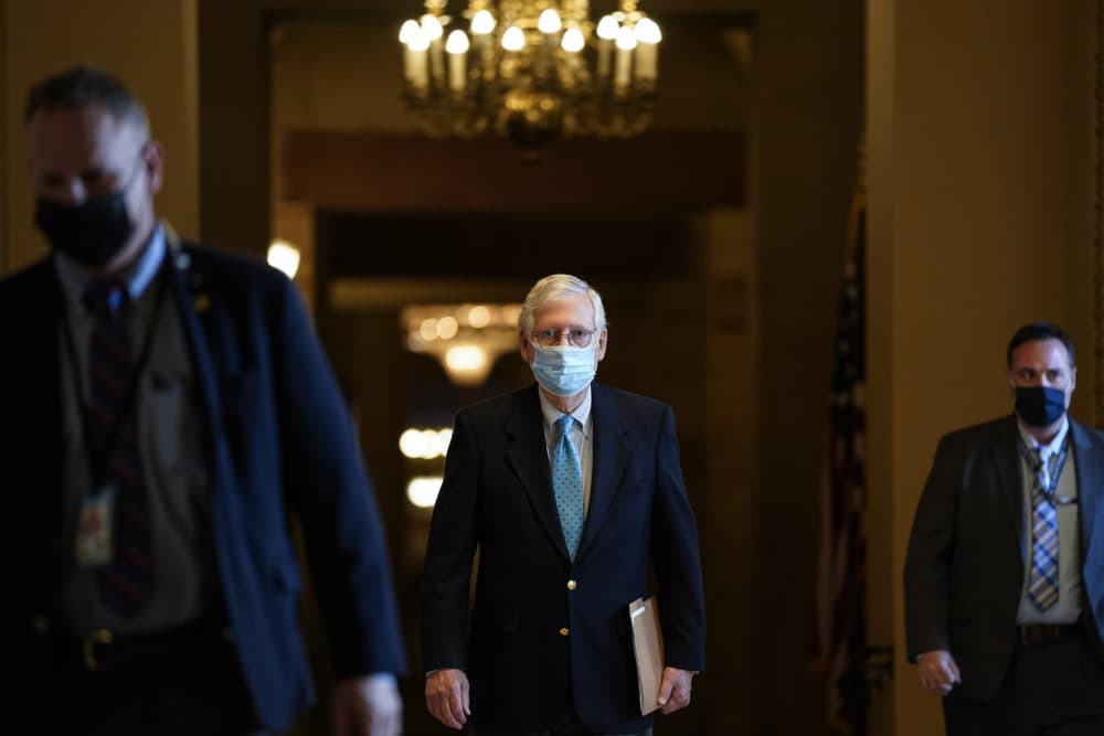 Senate Minority Leader Mitch McConnell (R-KY) leaves his office and walks to the Senate floor at the U.S. Capitol on February 8, 2021 in Washington, DC. (Drew Angerer/Getty Images)