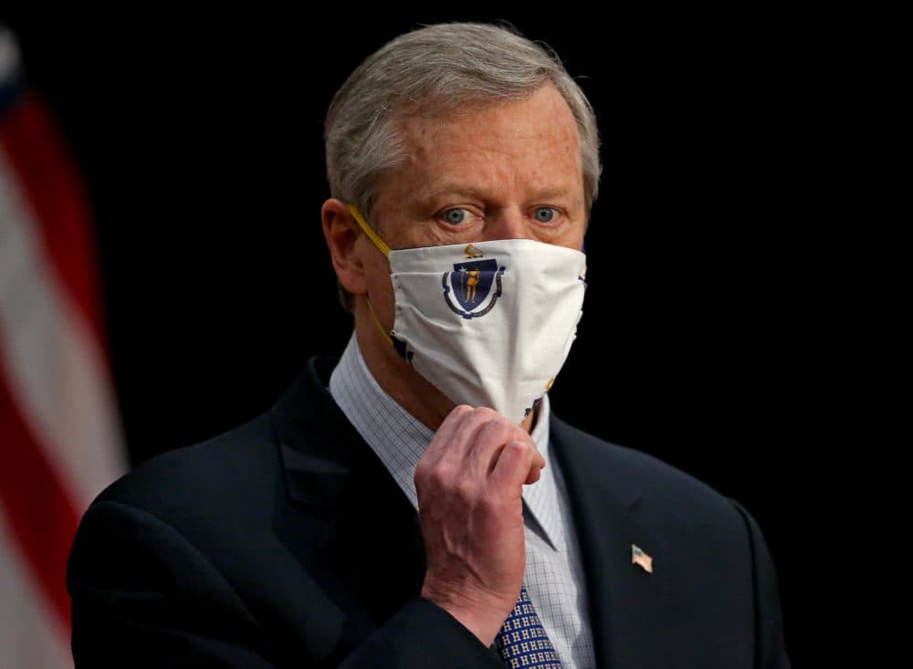 Gov. Charlie Baker speaks at a press conference at the State House on February 8, 2021 in Boston. (Matt Stone/ Boston Herald via Getty Images)