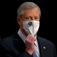 Gov. Charlie Baker speaks at a press conference at the State House on February 8, 2021 in Boston. (Matt Stone/ Boston Herald via Getty Images)