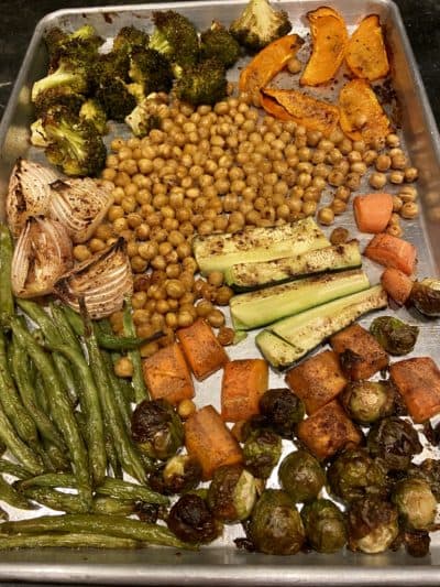 Roasted Vegetable Sheet Pan Dinner With Brothy Israeli Couscous. (Kathy Gunst)