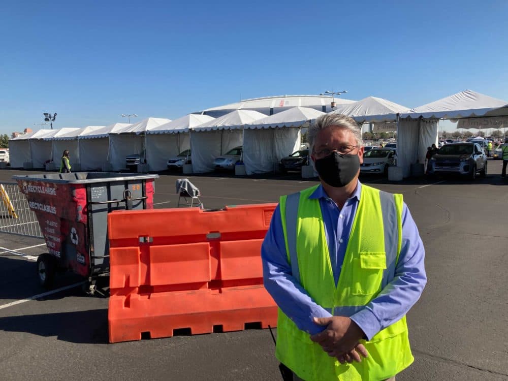 Arizona State University's David Thomas outside of the vaccination site at the Arizona Cardinal's stadium. (Peter O'Dowd/Here & Now)