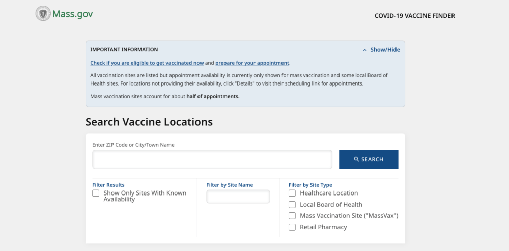 Eligible residents can now use vaxfinder.mass.gov to schedule appointments. (Screenshot via mass.gov)